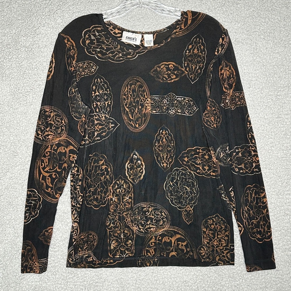 Chicos Travelers‎ Art to Wear Top Long Sleeve Brown Black Casual Y2K Travel